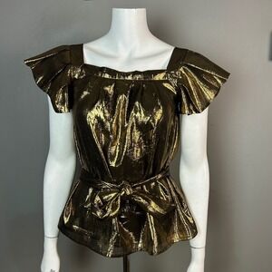 Disco Feminine Square Neck Top S Gold Metallic Hunter Dixon Flutter Sleeve NWT